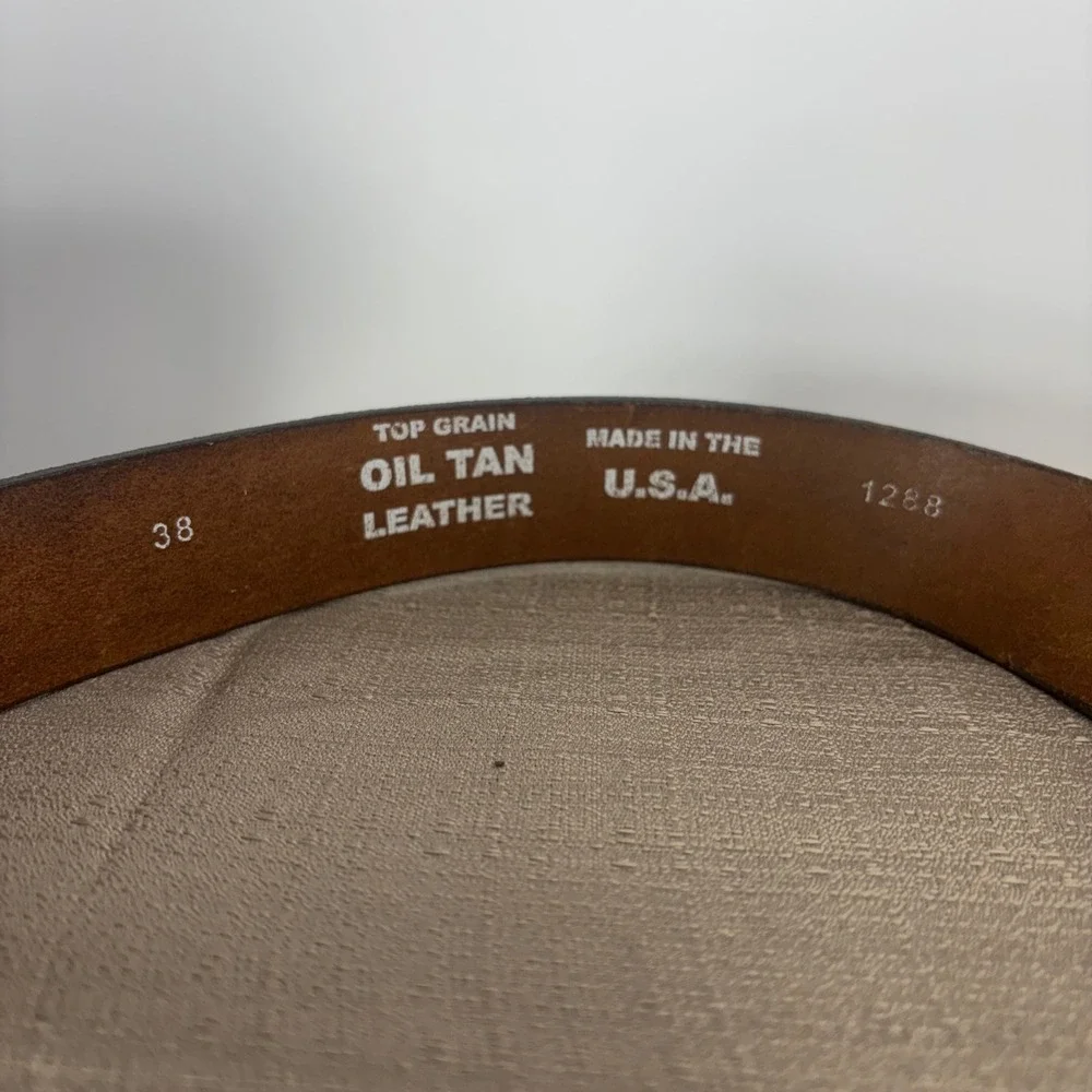 BTS Leather Belt Men 38 Brown Rare Vintage 70s Wood Inlay Solid Brass Buckle USA